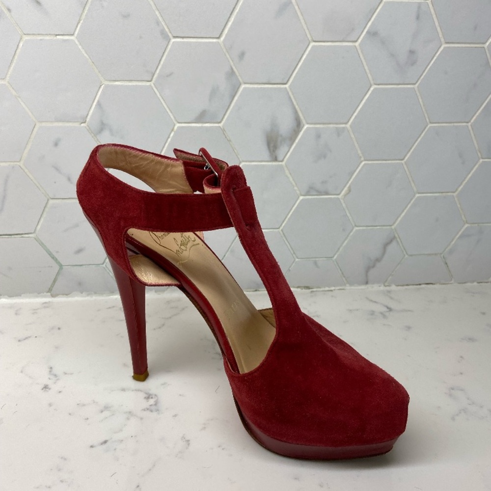Red suede t strap Christian louboutin heel size 37 1/2